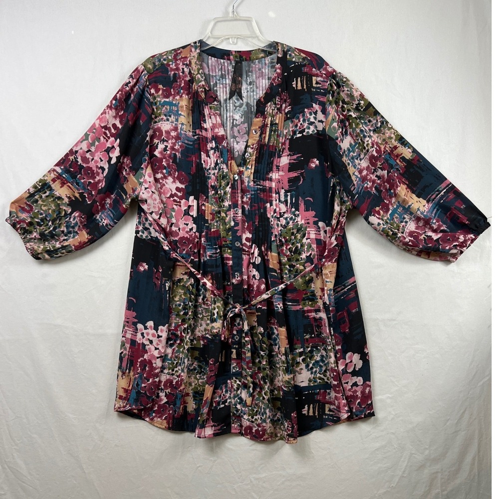 Melissa McCarthy Seven7 Tunic Blouse Womens 2X Multicolor Floral Pintuck